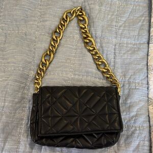Zara Black Quilted Shoulder Bag with Gold Chain